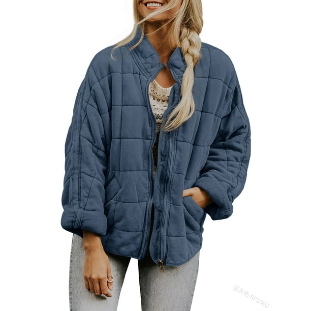 Women Lightweight Quilted Jacket Casual Long Sleeve Zip Up Stand Neck Dolman Winter Warm Coat Outwear